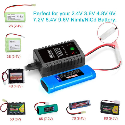 Smart 2-8S NiMH NiCd Battery Charger with various RC battery sizes and Tamiya connectors displayed, portable design for RC toys