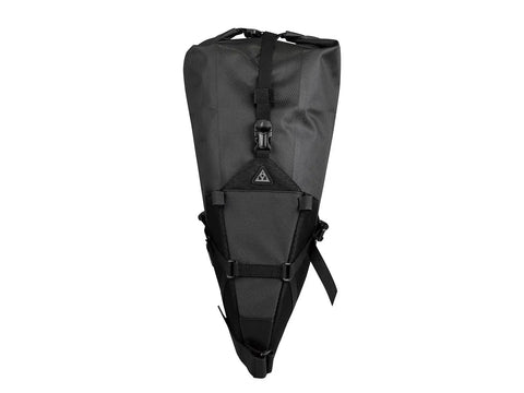 BackLoader X 15L Waterproof Bike Bag With Air Purge Valve Secure Mount 5 Kg Load, black, attached view, bikepacking gear.