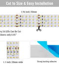 Diagram of Quad Row 24V DC LED Strip Light, cut-to-size increments, adhesive backing, 1.1 inch wide, for retail and videography lighting.