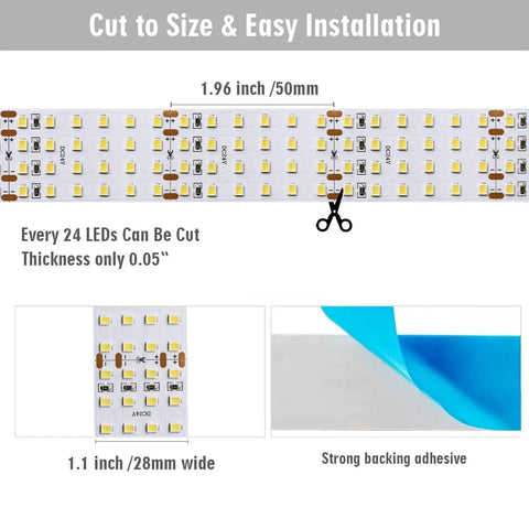 Diagram of Quad Row 24V DC LED Strip Light, cut-to-size increments, adhesive backing, 1.1 inch wide, for retail and videography lighting.