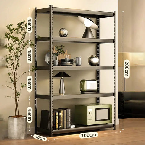 Hulking Five Tier Adjustable Steel Storage Rack With Two Thousand Pound Capacity Hardcore Garage Basement Warehouse Tool Workhorse And Multi Purpose Home Shelving Solution in living room with decor items.