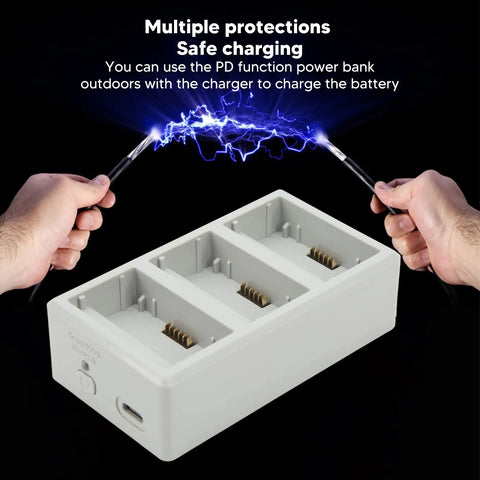 Three Port Drone Battery Charging Hub with PD Fast Charge in white, showing three slots, safe charging emphasized by sparks.