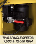 Rock Solid Shop Beast Five Horsepower Spindle Shaper With Massive Cast Iron Bed Digital Depth Gauge and butter smooth fence adjustments, close-up of spindle speed selector with lever.