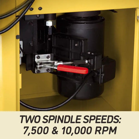 Heavy Duty 5 HP Spindle Shaper With Cast Iron Base And Digital Readout for Zero Error Cutting showing spindle speed settings of 7,500 and 10,000 RPM.