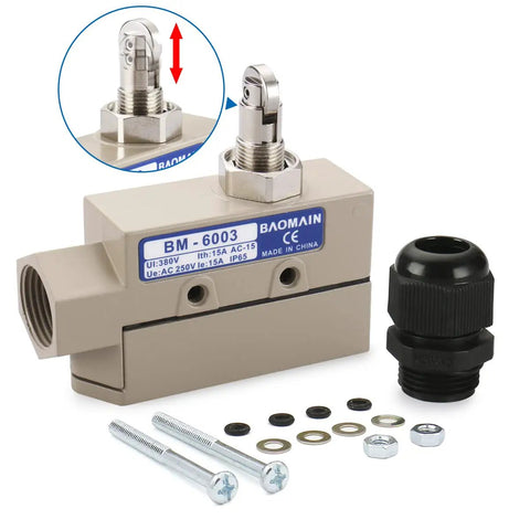 Rugged 15A 250VAC Beefed-Up Limit Switch With IP65 Sealed Body, Cross Roller Plunger Actuator, parts displayed