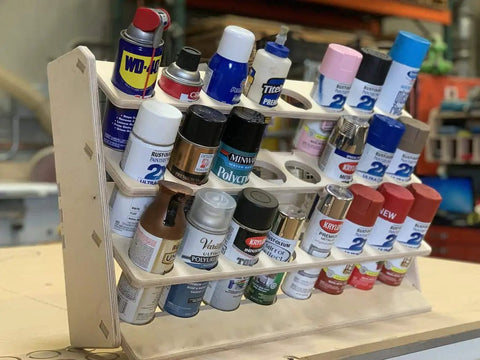 US Made Spray Can Lube Holder And 24 Slot Storage Rack Wood Shelf Organizer Case Built From Baltic Birch Plywood filled with cans