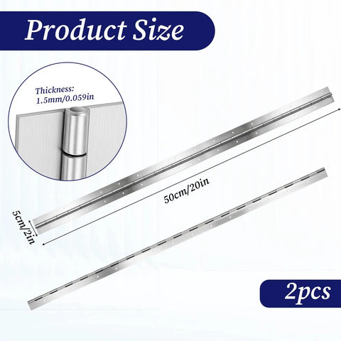 Heavy Duty Stainless Steel Piano Hinges, 2 Inch By 20 Inch Continuous Cabinet Hardware shown with size and thickness details.