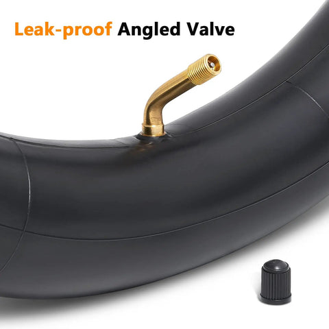 Close-up of Heavy Duty 16x2.50 Replacement Butyl Inner Tube with Bent CR202 Valve, leak-proof angled valve, for 16 inch wheels.
