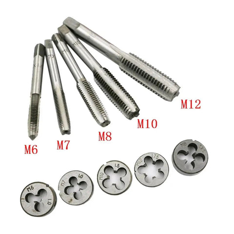 Top Notch 20-Piece Tap And Die Set With Alloy Steel M3 To M12 Metal Thread Drill Bits Plus Titanium Plated Screw Key For Auto Repair And Shop Work, M6-M12 taps and dies shown