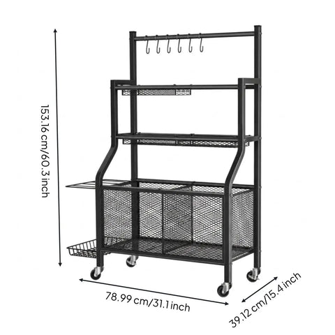 Heavy Duty Rolling Storage Rack And Athletic Gear Cart With Mesh Shelves Iron Frame For Gym Basement Garage Setup, 60.3in tall.