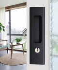 Matte Black Privacy Pocket Door Lock Hardware With Invisible Recessed Handle Latch And Keys, 6.3 Inch Sliding Door Mortise Lock for Double Barn Doors installed on interior door