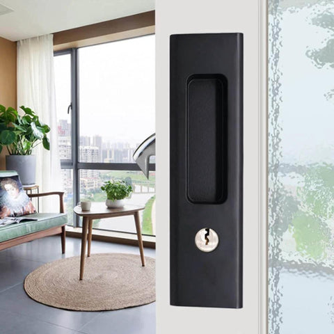 Matte Black Privacy Pocket Door Lock Hardware With Invisible Recessed Handle Latch And Keys, 6.3 Inch Sliding Door Mortise Lock for Double Barn Doors installed on interior door
