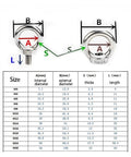 Rock Solid 304 Stainless Steel Lifting Eye Bolt Ring Nut size chart showing dimensions A, B, S, and L for various metric sizes.