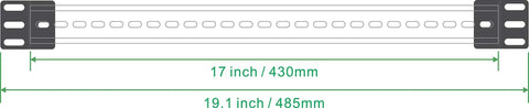 Diagram of DIN Rail Mounting Bracket for 19 Inch Rack Systems Slotted Aluminum Alloy Beefy Rack Ears Kit, dimensions shown.