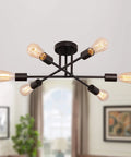 Black Modern Sputnik Chandelier Ceiling Light Fixture 6 Lights Industrial Metal Semi Flush Mount For Bedroom Living Room