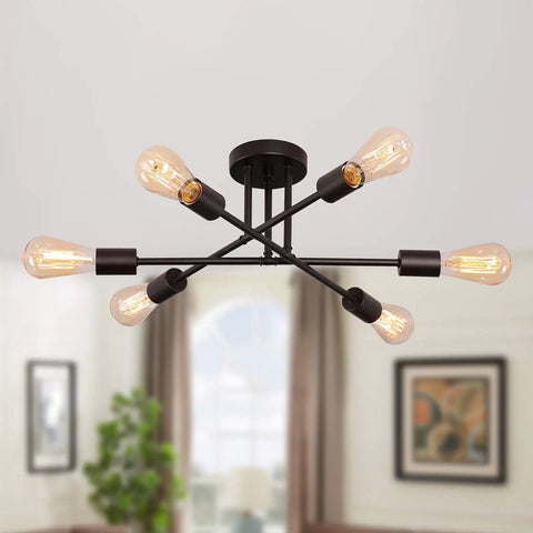 Black Modern Sputnik Chandelier Ceiling Light Fixture 6 Lights Industrial Metal Semi Flush Mount For Bedroom Living Room