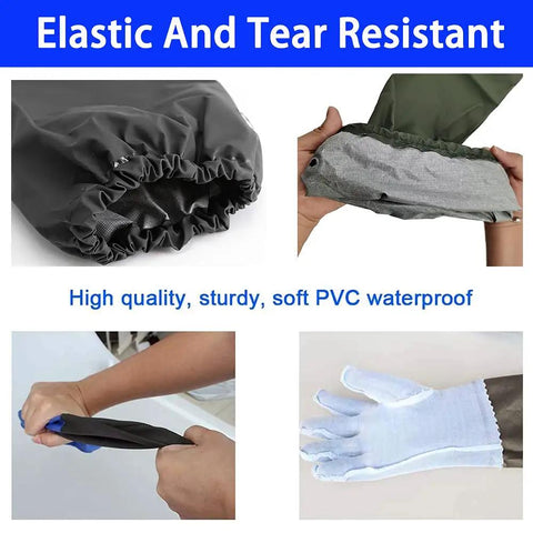 Heavy Duty 28 Inch Shoulder Length Waterproof Rubber Gloves PVC Coated For Chemical Oil And Solvent Resistance; close-ups of elastic cuffs and interior lining