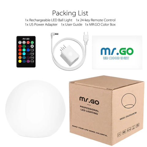 Ultra Fun Waterproof 10 Inch RGB LED Ball Light Orb With Remote Control, box, remote, and charger displayed