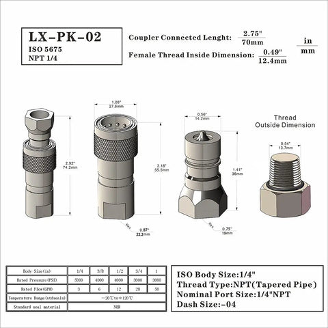 Diagram of Two Sets One Quarter Inch ISO 5675 Carbon Steel Hydraulic Quick Disconnect Couplings dimensions and specifications.