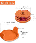 Trimmer Spools For Worx Weed Eater WG116 WG119 WG183 Two Spool Pack With 16 Feet Each Of 0.065 Inch Auto Feed Replacement String Heavy Duty Spools For Worx String Trimmers Includes 50019417 Cap Covers, showing dimensions and orange color spools with cap cover.