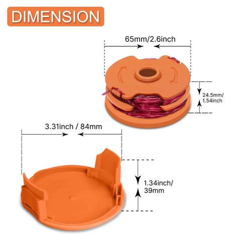 Trimmer Spools For Worx Weed Eater WG116 WG119 WG183 Two Spool Pack With 16 Feet Each Of 0.065 Inch Auto Feed Replacement String Heavy Duty Spools For Worx String Trimmers Includes 50019417 Cap Covers, showing dimensions and orange color spools with cap cover.