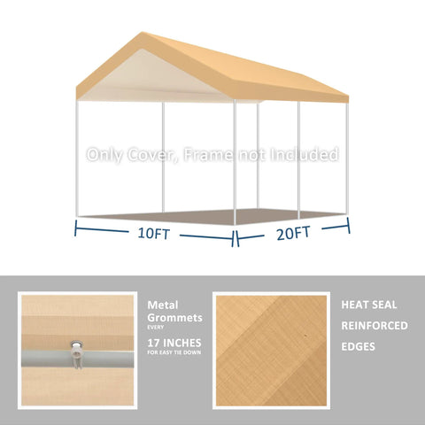 10x20 Beige Carport Replacement Top Cover For Outdoor Shelter Waterproof And UV Protected Tarp With Ball Bungees Fits 10x20 Carport Frame Not Included Heavy Duty Roof Cover, shown with dimensions and material details.