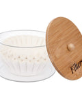 Rustic Glass Coffee Filter Holder With Lid, Easy Access Storage Dispenser For Counter, bamboo lid, coffee filters inside