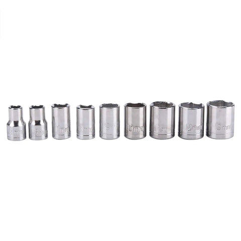 32Piece Pro Grade Drill Bits And Socket Set With Stainless Steel Heads showing 9 metallic sockets for repairs and DIY projects.