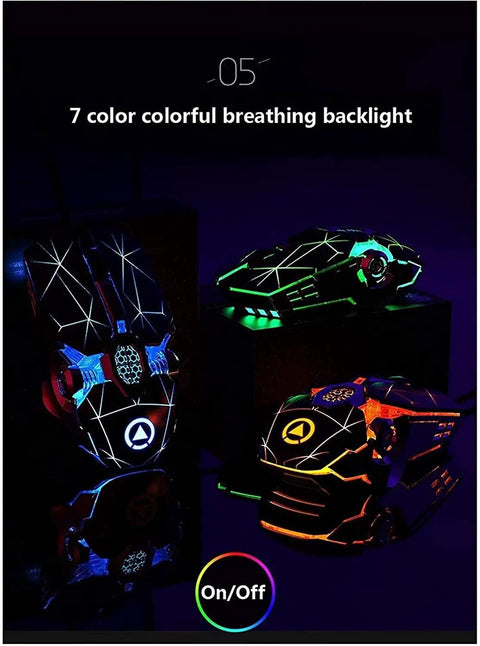 Dope LED Mechanical Gaming Keyboard And Mouse Combo Featuring Multicolor Backlighting showcasing three gaming mice with colorful breathing lights.
