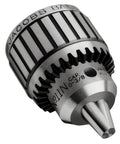 Jacobs Chuck 30215 Ball Bearing Taper Mount Drill Chuck For Precise Drilling, beefy grip, close view of tapered mount, silver
