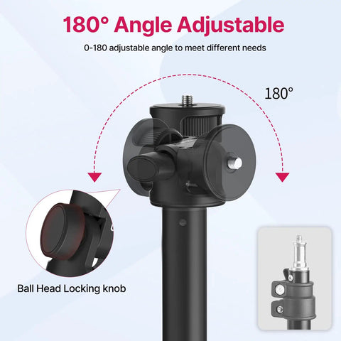 Extendable 81 Inch Photography Light Stand With 360 Degree Ball Head And One Quarter Inch Screw showing 180° angle adjustment