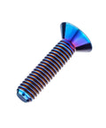 Side view of burnt blue titanium M6x25mm flat-head bolt