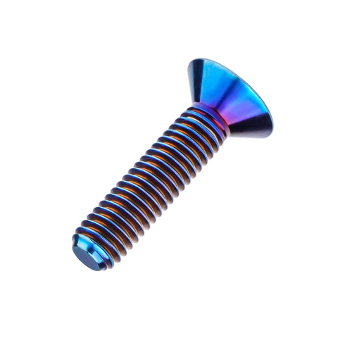 Side view of burnt blue titanium M6x25mm flat-head bolt