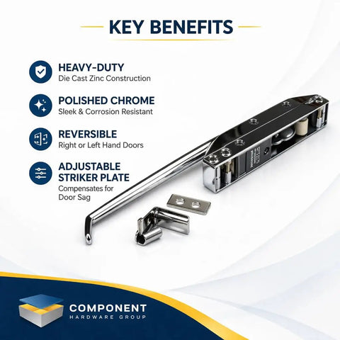 R35-1105 Latch With Strike Mechanical Straight Handle, Heavy Duty Door Latch System With Interchangeable Mounting Holes, Serrated Striker Plate For Quick Sag Adjustment, Unique Keeper Prevents Override, Polished Brass Or Chrome Finish, Built Tough. chrome latch set with straight handle, strike plate, and keeper for commercial doors