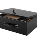 Fire Resistant Safe Box With Key Lock For Home Office Security, Sturdy Steel Safe For Valuables And Docs You Care About, 13.2 x 11 x 5.1 Inches, Black, Built To Take Heat And Keep Your Stuff Safe shown open with documents inside
