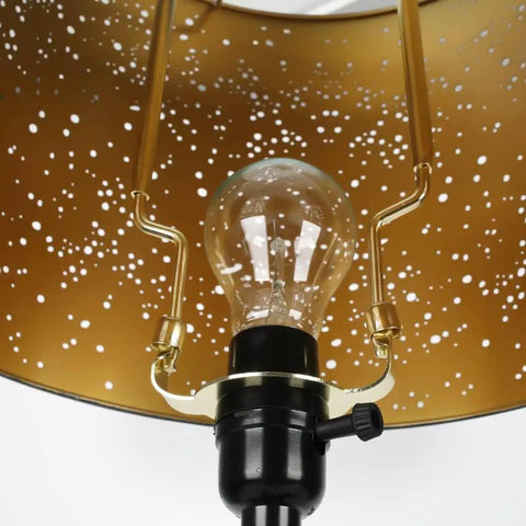 Easy Install Adjustable Lamp Harp Kit With 8 9 10 11 12 Inch Shade Options and E14 E26 E27 Bases in use with bulb and gold shade