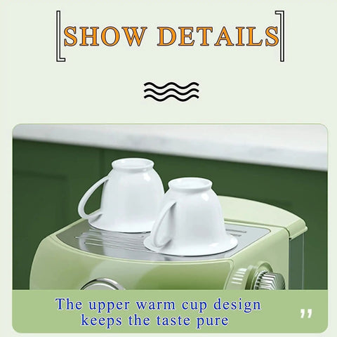 Get Your Daily Java Fix With This Dependable Home Espresso Maker And Coffee Machine Featuring Built In Grinder And Creamy Milk Frother Semi Automatic Heat Display For Smooth Barista Level Shots In Fresh Green Finish, showing white cups on warming tray.