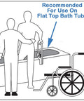 Illustration showing white bathtub rail with wide grip for bathroom safety and bathtub bar clamp for flat top tubs.