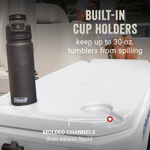 100 Qt Wheeled Marine Cooler With Fully Insulated Lid And Body Keeps Ice Up To Five Days In 90 Degree Heat Holds 160 Cans UV Coated Exterior And Rust Resistant Stainless Hardware Built Tough For Weekend Adventures with built-in cup holder.