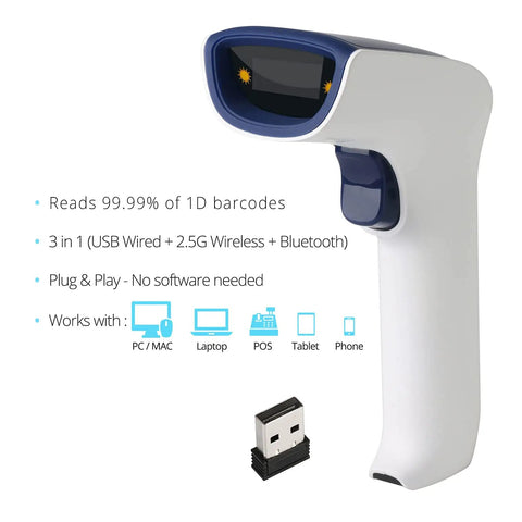 Wireless Portable 1D Bluetooth Barcode Scanner Handheld Workhorse 3 In 1 Cordless Rechargeable Scan Gun For Inventory USB Barcode Reader 1D Only