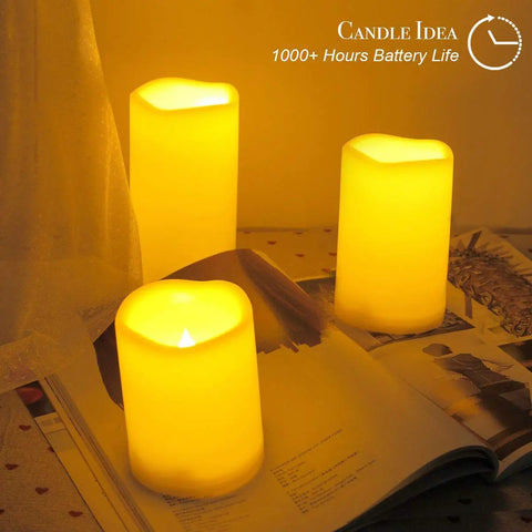 Set Of 3 Waterproof LED Flameless Pillar Candles With Timers For Outdoor Vibe 4 Inch 5 Inch And 6 Inch Tall Up To 1000 Hours Battery Life Flickering Battery Operated Outdoor Pillar Candles For Patio Garden And Festival Decor glowing on table