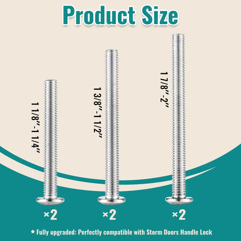 Replacement Screw Kit With Brushed Nickel Finish For Entry Doors Includes Multi Size Backset Hardware Built Tough As Nails And Rustproof Precision Threaded Steel Lock Bolts Fast Setup showing screw sizes 1-1/4", 1-1/2", 2".