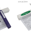 Front view of two fiber optic cleaning pens, purple for 2.5mm SC/ST/FC and green for 1.25mm LC/MU, with instructions.