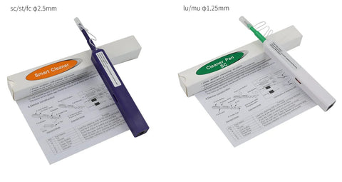 Front view of two fiber optic cleaning pens, purple for 2.5mm SC/ST/FC and green for 1.25mm LC/MU, with instructions.