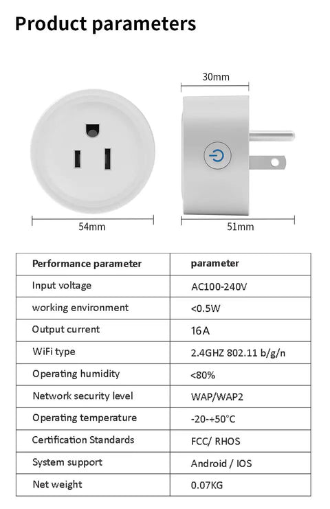 Two Pack Smart Plug That Just Works WiFi Outlet 16A 2200W Max front and side view with dimensions and specifications