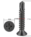 Image of 300 Pack Size 8 By One Inch Sheet Metal Self Tapping Screws Black Stainless Steel Flat Head, showing dimensions.