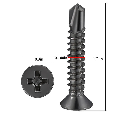 Image of 300 Pack Size 8 By One Inch Sheet Metal Self Tapping Screws Black Stainless Steel Flat Head, showing dimensions.