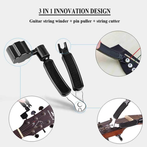 Amazon 3-in-1 guitar maintenance tool with black handles: string winder, pin puller and string cutter.