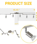 Size diagram of Six Light LED Track Lighting Kit with sleek matte nickel finish, showing 46.45" width and adjustable heads.