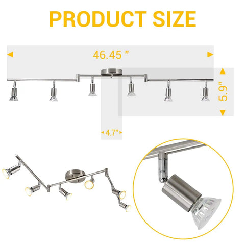 Size diagram of Six Light LED Track Lighting Kit with sleek matte nickel finish, showing 46.45" width and adjustable heads.